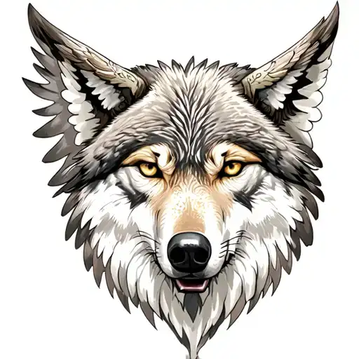 Wolf Face With Eagle Wings As Shade In Background