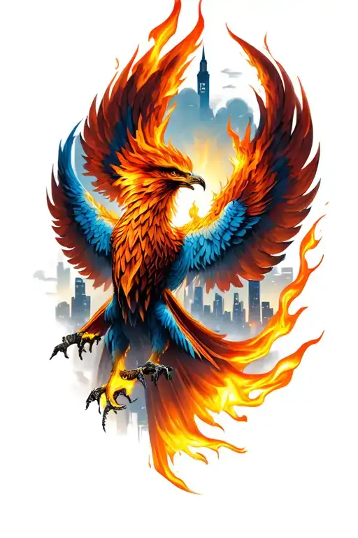Phoenix With A City A Flame And Fire