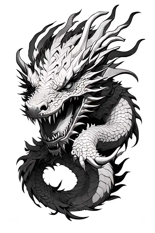 Black And White Sketch Of Eastern Dragon Holding A Demon Head
