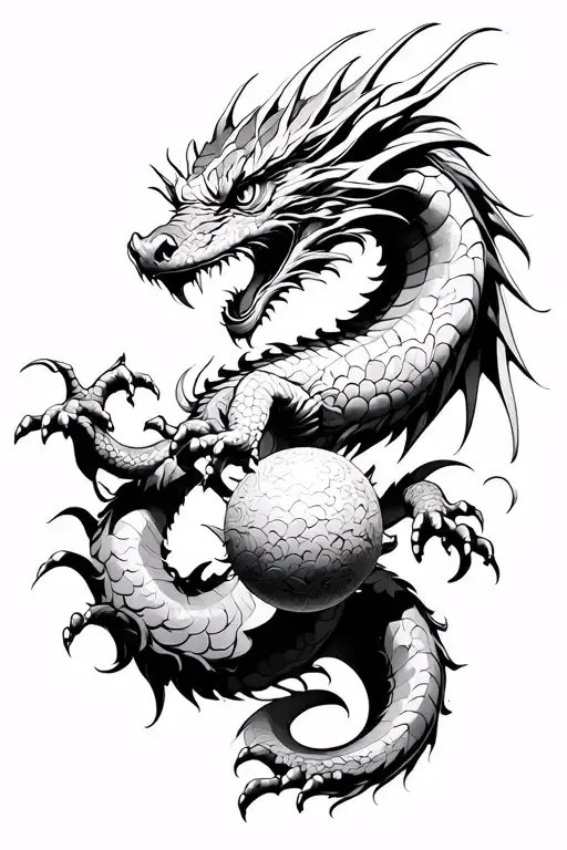 Black And White Sketch Of Eastern Dragon Holding A Ball