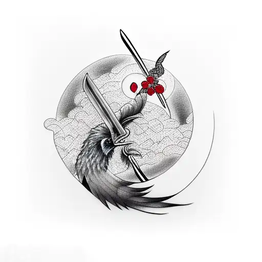 Katana Sword With Raven And Moon With Cherry Blossoms
