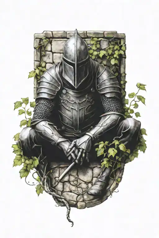 Dead Knight Leaning Against A Medieval Cobblestone Wall With Creeping Vines