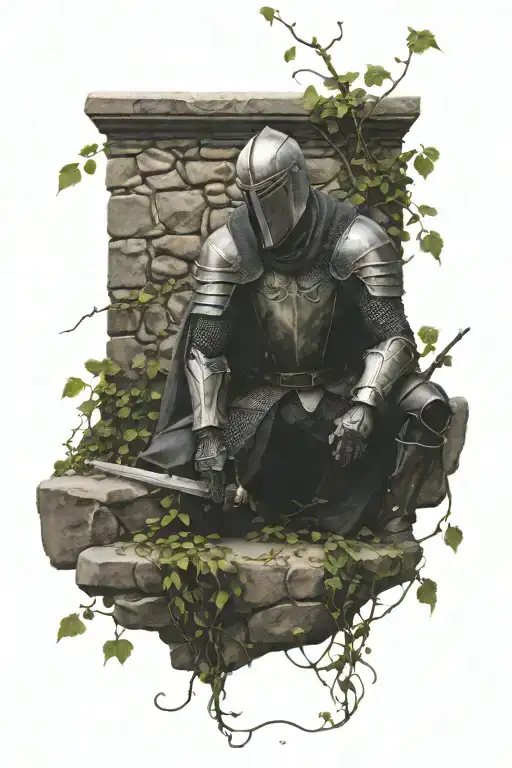 Fallen Knight Sitting Against A Medieval Cobblestone Wall With Creeping Vines