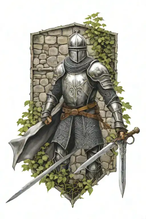 Knight Against A Medieval Cobblestone Wall With Creeping Vines And His Sword Ready For Battle
