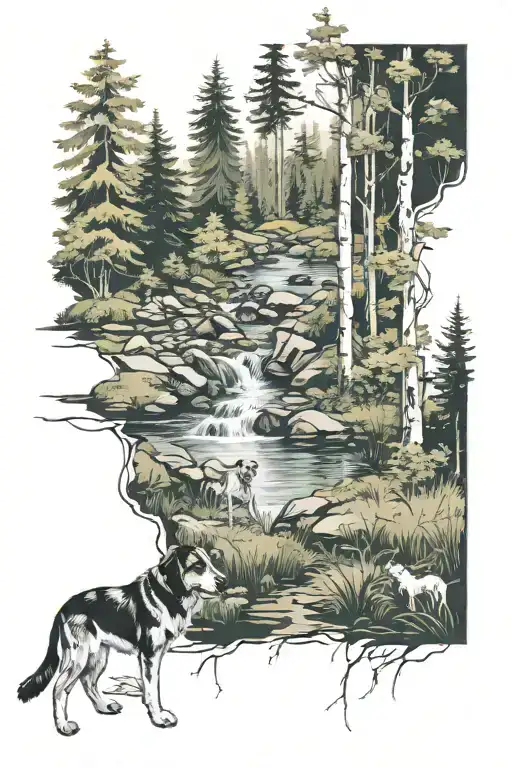 Forest With Stream And A Dog With A Woman