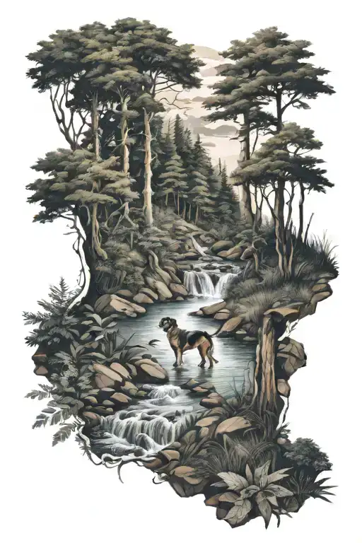 Forest With Stream And A Dog With A Woman