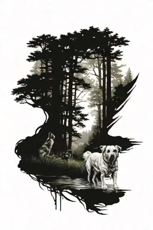 Forest With Stream And A Dog With A Woman