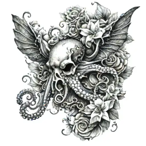 Octopus Swallow Flowers Shipwreck Scene