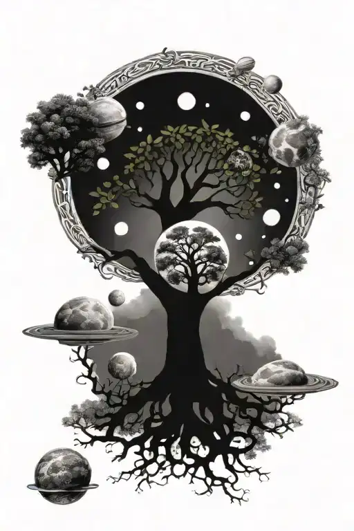 Celtic Tree Of Life Surrounded By Planets Orbiting