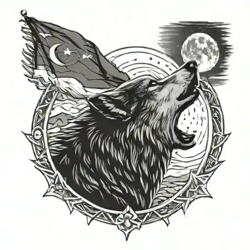 Wolf Howling At The Moon With Turkish Flag In The Background