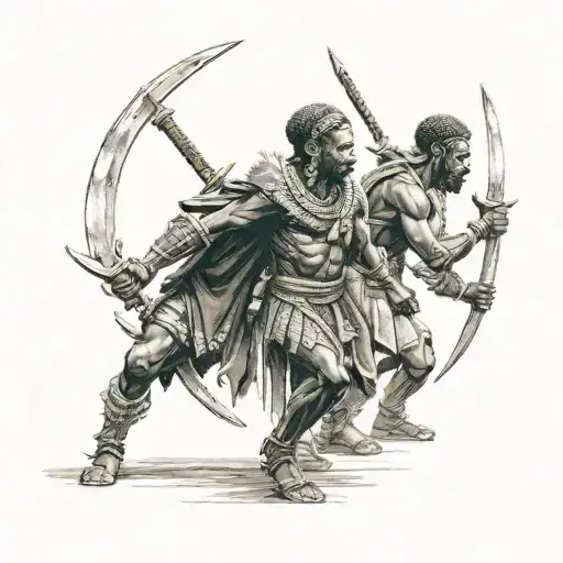 Two African Warriors Standing Side By Side Holding Swords