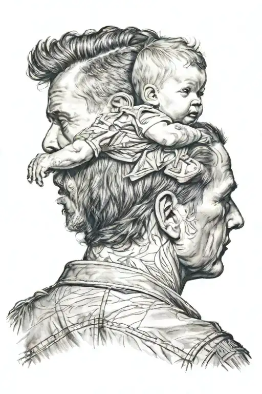 A Kid On Father Shoulder From The Back View