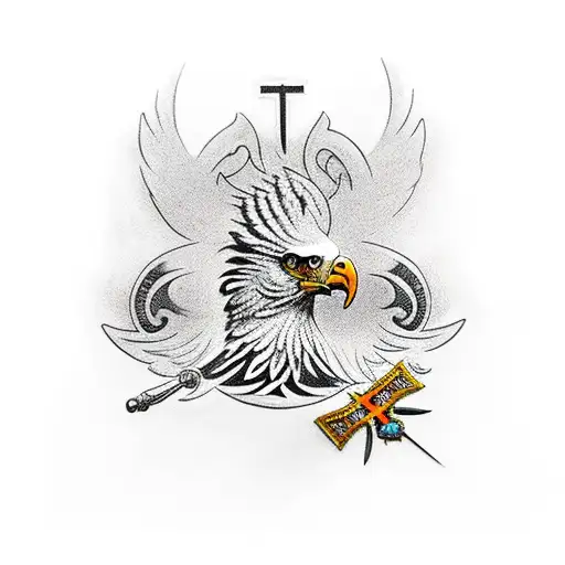 Tattoo On The Throat With A Napoleonic Eagle Surrounded By A Christian Cross And A Fleur-de-lis