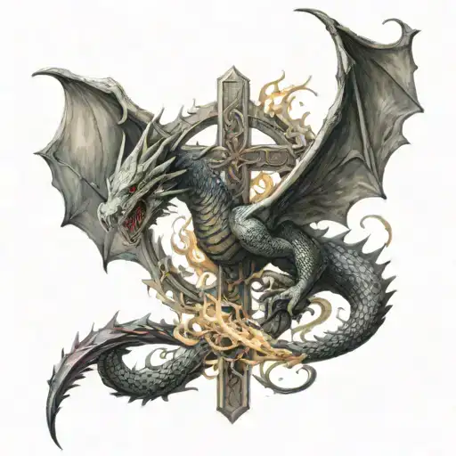 A Cross Surrounded With Fire Breathing Dragon