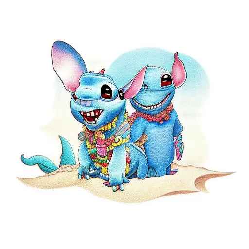 A Playful And Colorful Tattoo Of Lilo And Stitch Enjoying A Day At The Beach