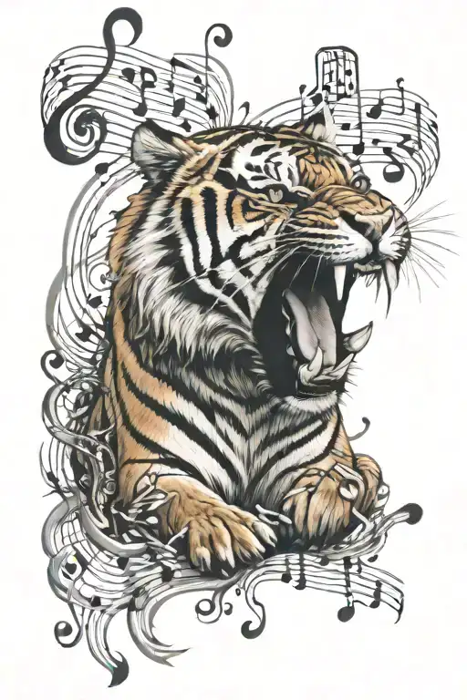 A Tiger Roaring While Surrounded By A Symphony Of Musical Notes And Instruments