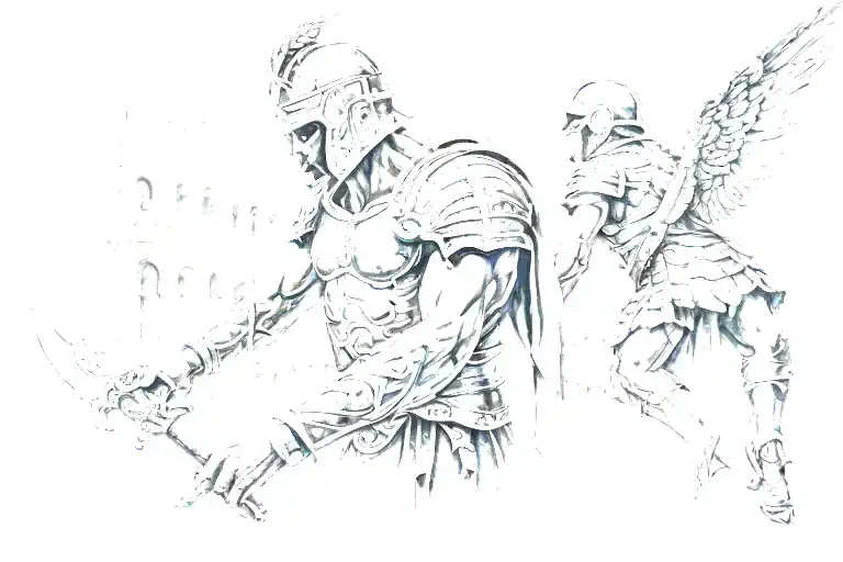 Angel And Gladiator Against The Backdrop Of The Colosseum