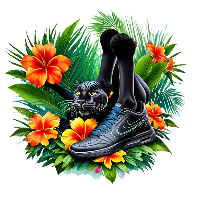 Jungle Background With Colored Flowers In The Foreground Sneaks Panther With Legs
