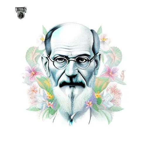 A Detailed Portrait Of Sigmund Freud Surrounded By Vibrant Tropical Flowers