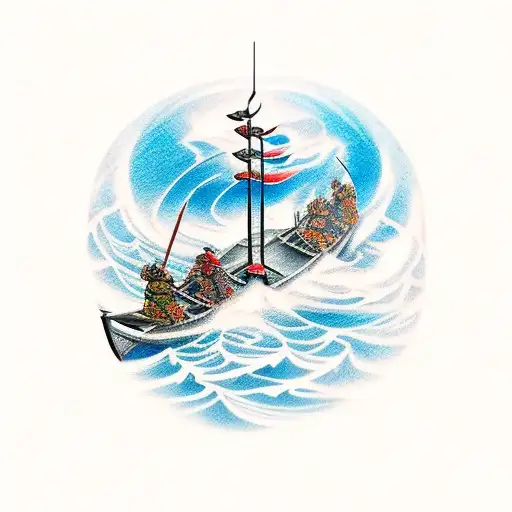 Samurai And Viking On A Boat In The Sea With Water And Reflection