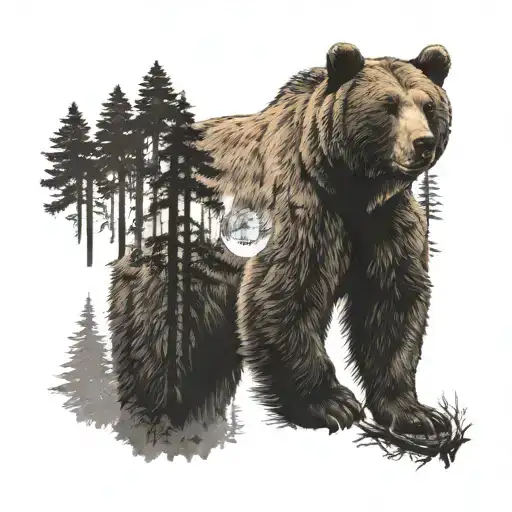 Brown Bear Stands On Hind Legs In Dense Forest At Night Against Moon Calm Face Looking Forward