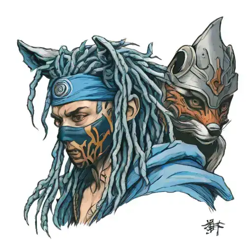 A 21 Year Old Boy With Blue Dreads With A Ninja Cloth And A Japanese Fox Mask