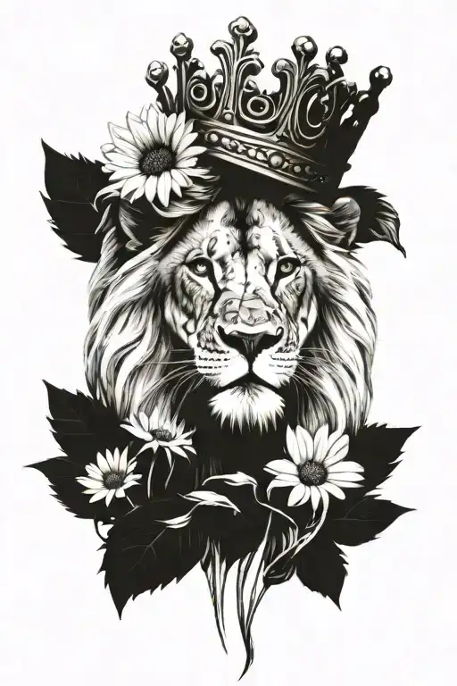 Lion Wearing A Crown With Daisy Flowers