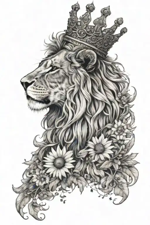 Lion Wearing A Small Crown With Daisies Underneath