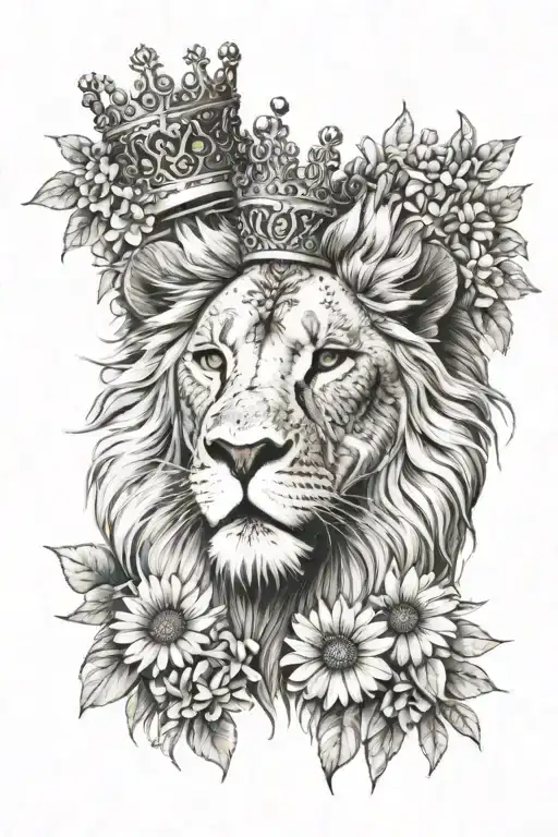 Lion Wearing A Small Crown Facing Forward With Daisies Underneath