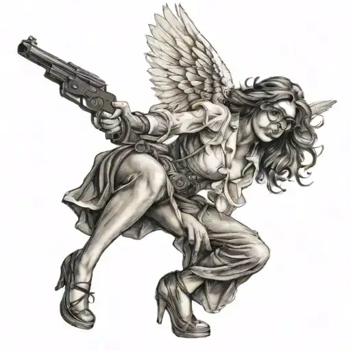 Girl Angel With A Gun In Glasses And A Cigarette In Full Growth