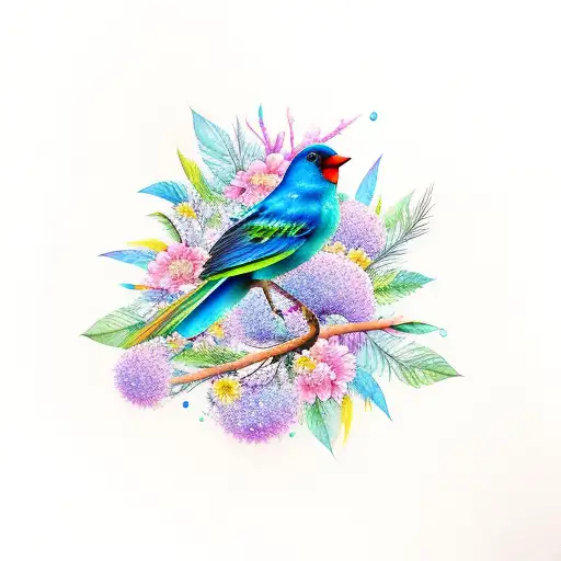 Aquarela-inspired Tattoo Of A Colorful Bird Perched On A Branch Surrounded By Flowers