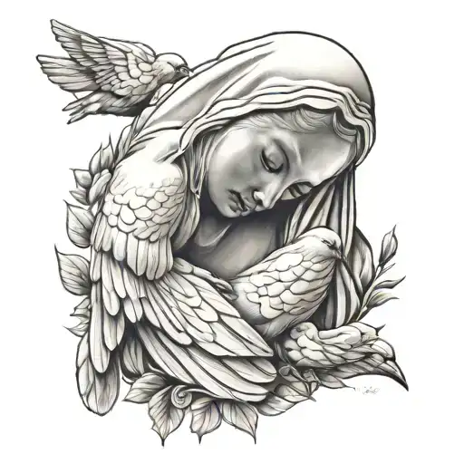 Virgin Mary 2 Doves Snuggling And Standing