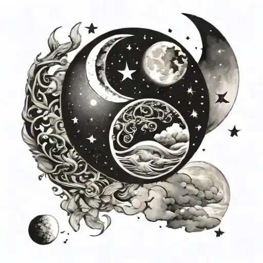 Yin And Yang Fill The Yang With A Night Sky With Stars And Moon And The Yin With A Sunrise