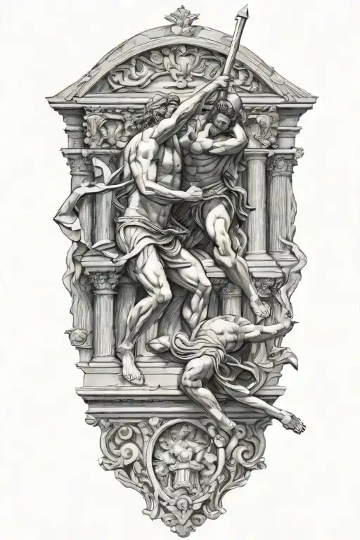 Achilles Fighting Hector With Greek Architecture