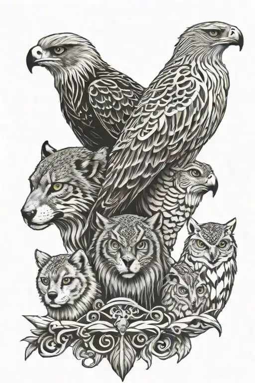 Totem Pole Eagle Lioness Wolf Owl Tribal