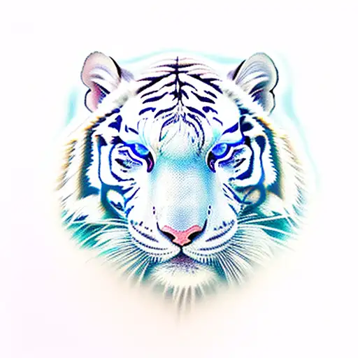 White Tiger With Blue Eyes And Colorful Flowers