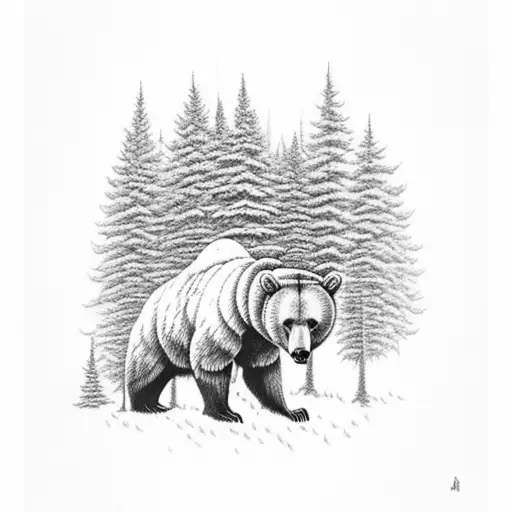 A Majestic Forest Scene With A Bear And A Ram Peacefully Coexisting