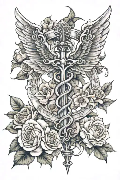 Nursing Caduceus Surrounded By Roses And God Symbol