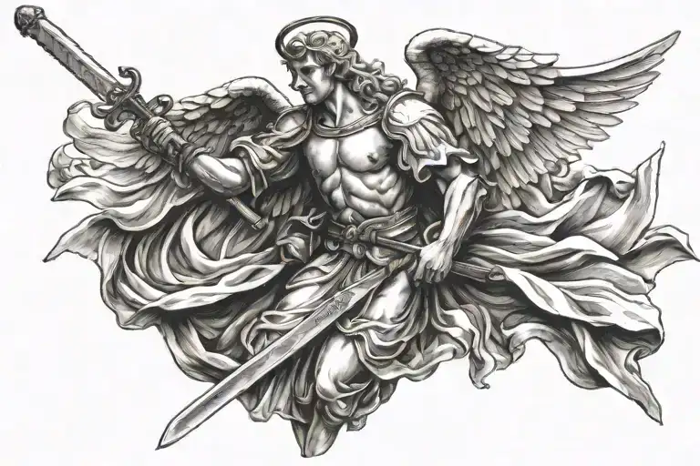 Angel Holding A Sword And Flag Waving