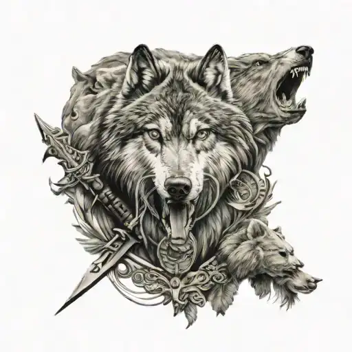 Warrior Themed Tattoo With Wolf And Bear