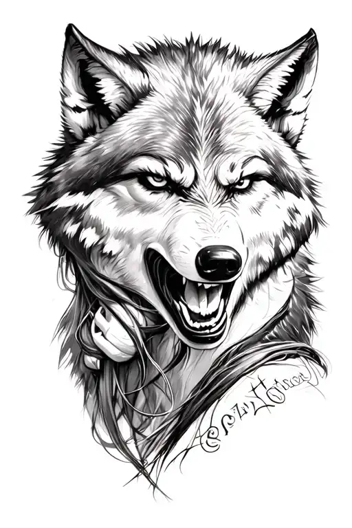 Angry Wolf With A Girl Tattoo Sketch In The Style Of Realism Blackly White