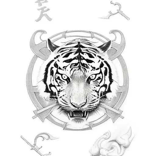 Dragon And A Tiger With A Cross In The Background