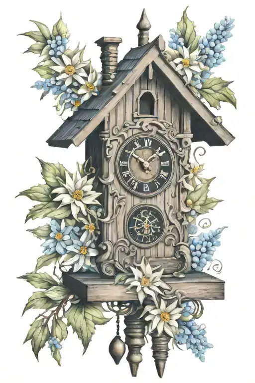 Cuckoo Clock Heavily German Influenced With Edelweiss Flowers German Cottage