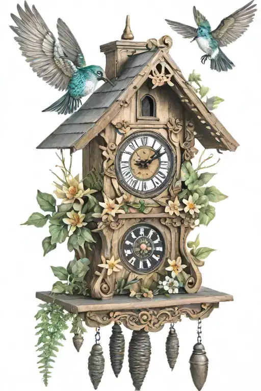 Cuckoo Clock Heavily German Influenced With Edelweiss Flowers German Cottage With Hummingbirds
