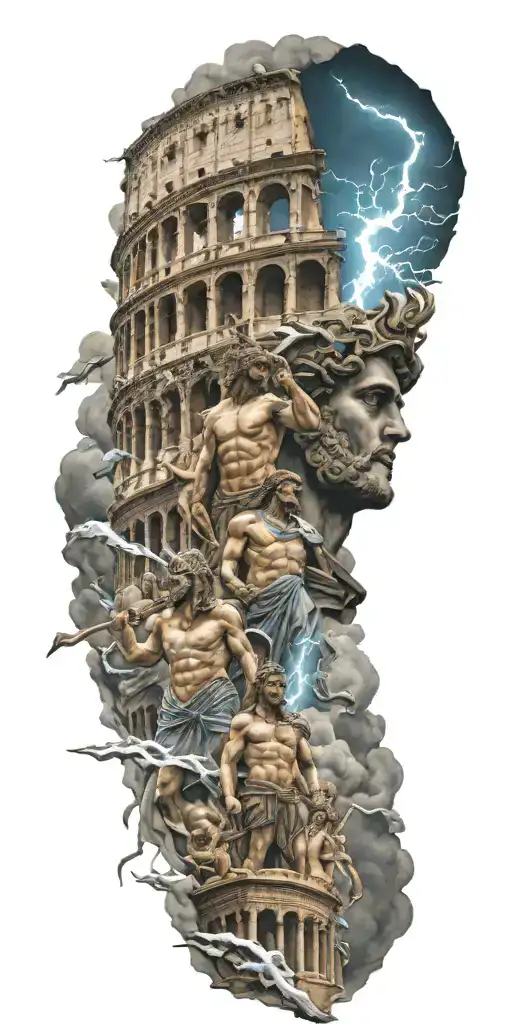 Greek Gods With Colosseum And Lightning Background