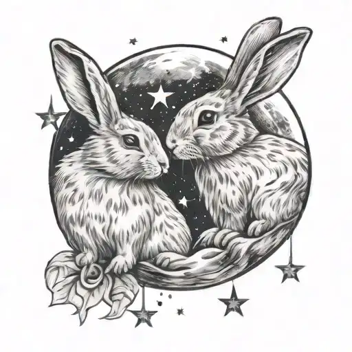 2 Bunnies Moon Surrounded By Stars