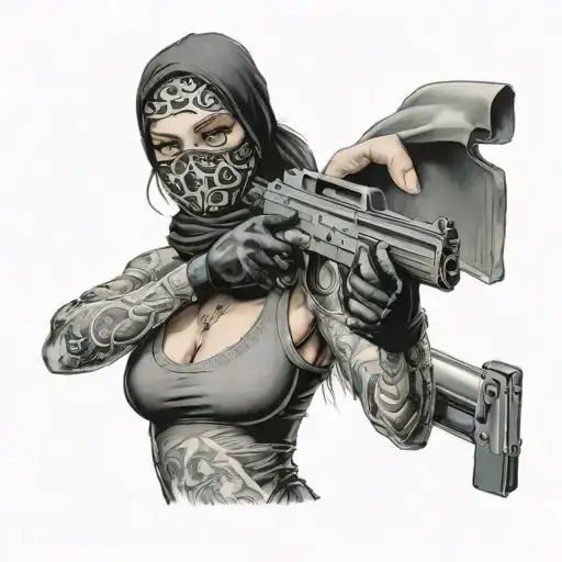 Realistic Girl Wearing A Balaclava Holding A Gun And Money