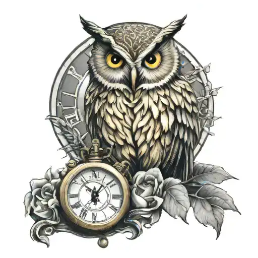 Golden Owl Holding A Clock