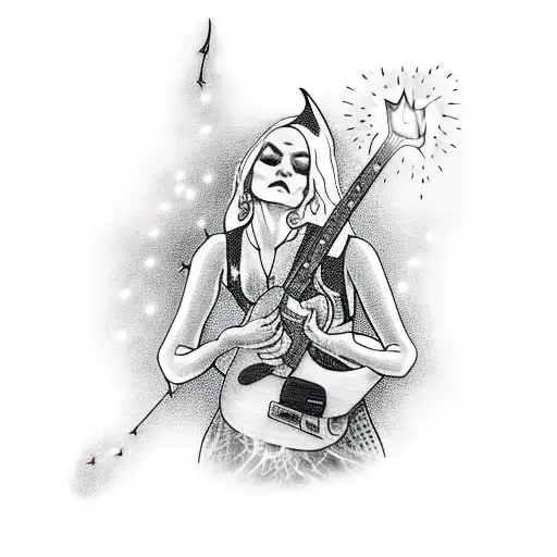 A Witch Playing A Guitar With Magical Sparks Flying Out Of It