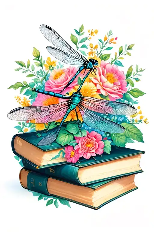 Dragonfly On Books Surrounded By Florals